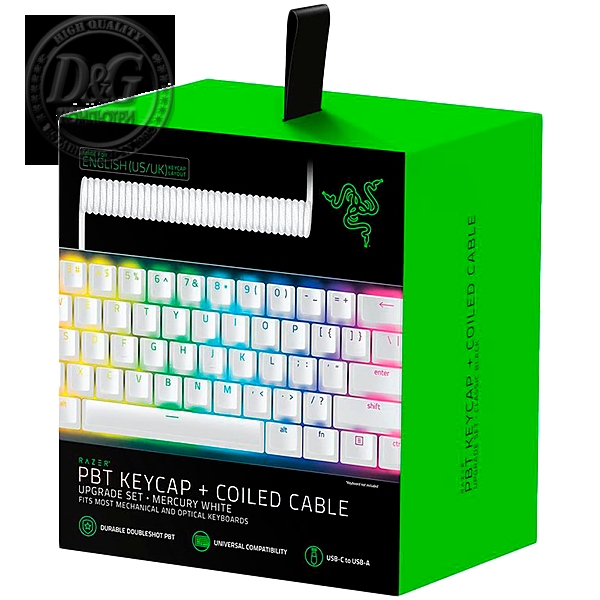 Razer PBT Keycap + Coiled Cable Upgrade Set - Mercury White, Durable Doubleshot PBT, Keycap Count: 120, Standard bottom row US and UK layout supported, Braided Fiber Cable, USB-C to USB-A, Total Cable Length: 2,000 mm uncoiled (1,150 mm coiled)