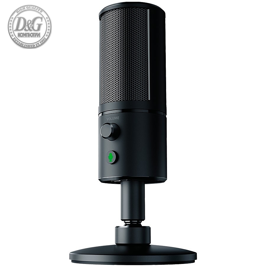 Razer Seiren X, Condenser microphone made for streaming, Supercardioid pick-up pattern to reduce background noise, Built-in shock mount to dampen vibrations, Mute button, Zero-latency 3.5 mm headphone monitoring port