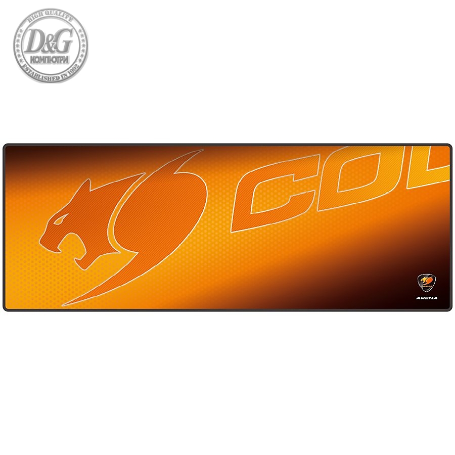 COUGAR ARENA Orange Gaming Mouse Pad, Width (mm/inch) 800/31.49, Length(mm/inch) 300/11.81,Thickness (mm/inch) 5/0.19,Surface Material - Cloth, Base Material - Natural Rubber, Base Color - Black, Surface Color - COUGAR Orange