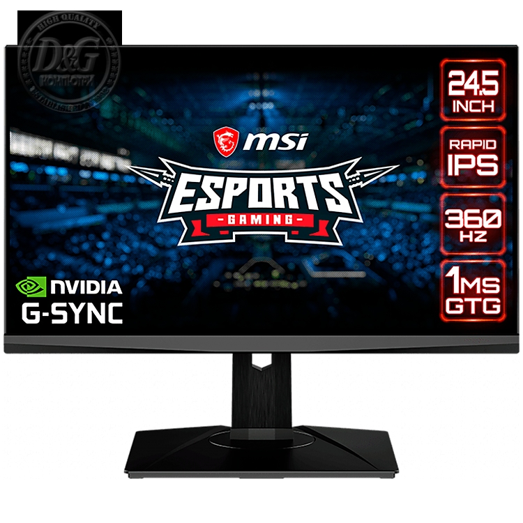 MSI Oculux NXG253R Gaming Monitor, 24.5" 360Hz, FHD (1920x1080) 16:9, Rapid IPS Anti-glare, 1ms GTG, 400nits, 1000:1, 178°/178°, NVIDIA Reflex, G-SYNC, ULMB, Adjustable Stand, Mystic Light, 1x DP, 1x HDMI, 3x USB 3.2, 3Y Warranty