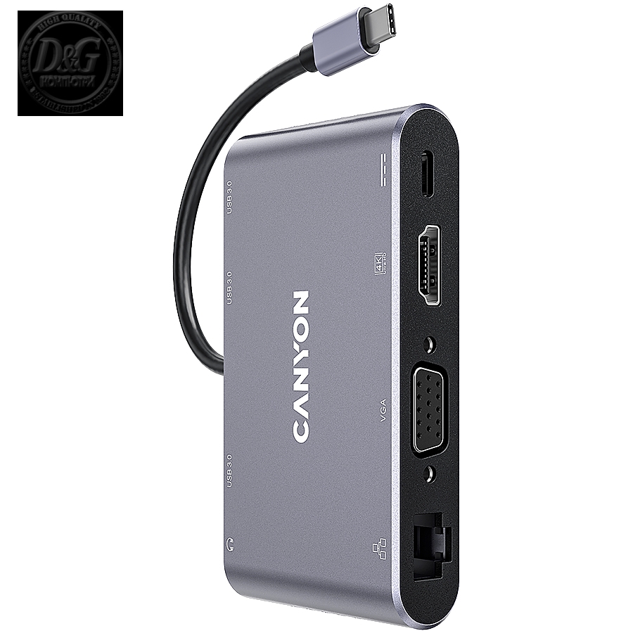 Canyon 8 in 1 USB C hub, with 1*HDMI: 4K*30Hz, 1*VGA, 1*Type-C PD charging port, Max 100W PD input. 3*USB3.0,transfer speed up to 5Gbps. 1*Glgabit Ethernet, 1*3.5mm audio jack, cable 15cm, Aluminum alloy housing,95*55*17.6 mm, 107g, Dark grey