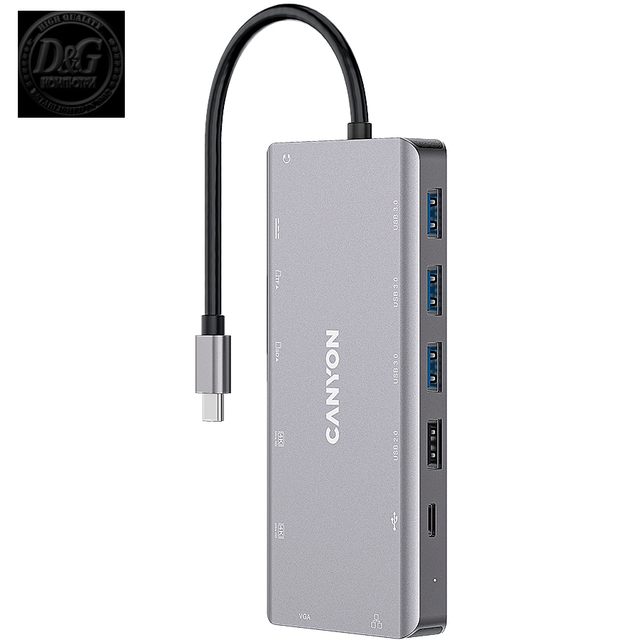 Canyon 13 in 1 USB C hub, with 2*HDMI, 3*USB3.0: support max. 5Gbps, 1*USB2.0: support max. 480Mbps, 1*PD: support max 100W PD, 1*VGA,1* Type C data, 1*Glgabit Ethernet, 1*3.5mm audio jack, cable 15cm, Aluminum alloy housing,130*57.5*15 mm,DarK gray