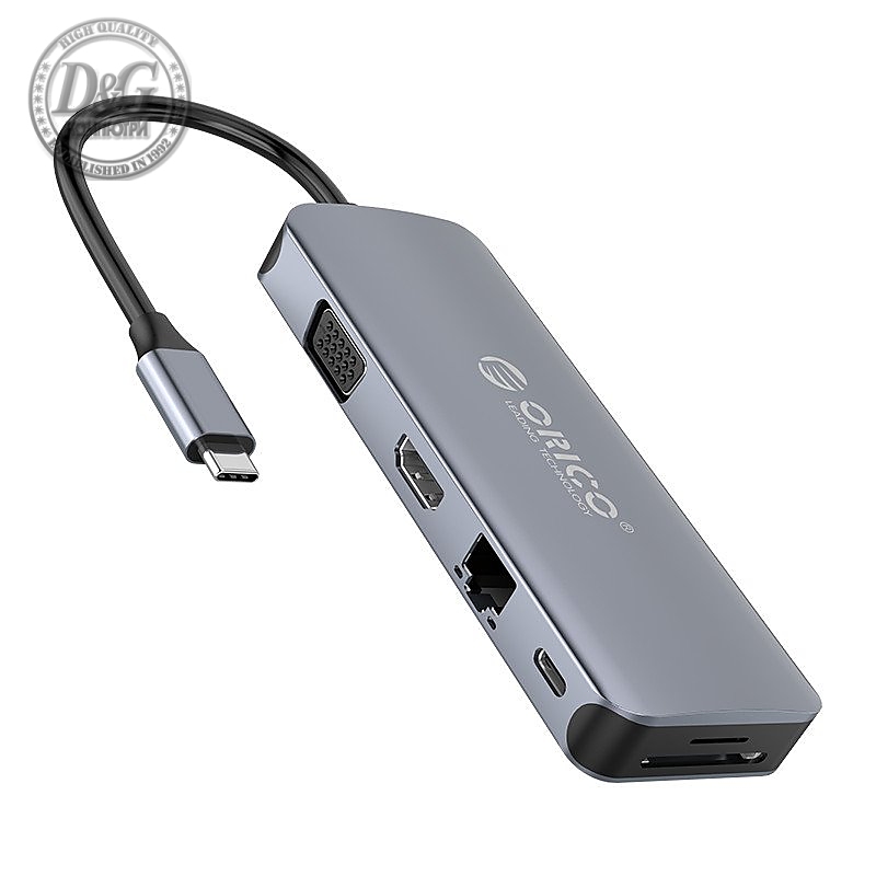 Orico докинг станция Docking Station Type-C Power Distribution 3.0 100W - LAN, HDMI, VGA, Type-C x 1, USB3.0 x 4, TF/SD, Audio - MC-U111P-V1-GY