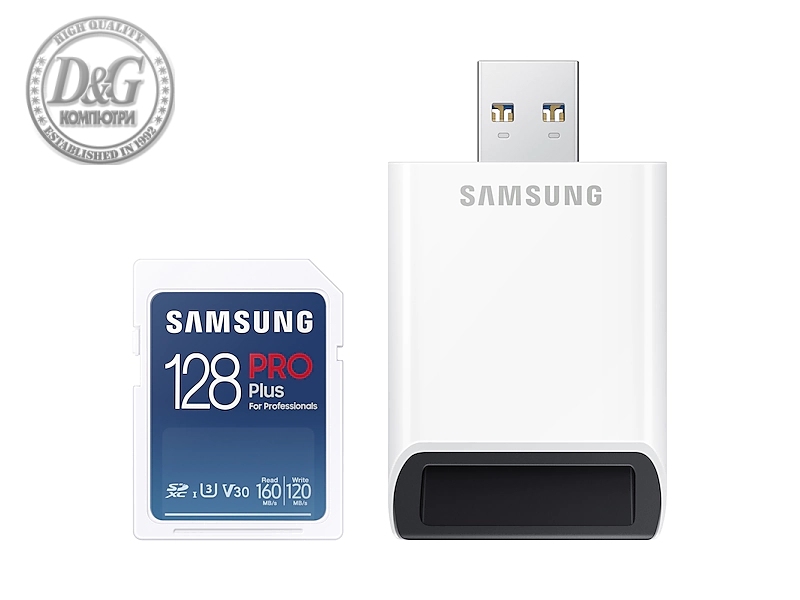 Samsung 128GB SD PRO Plus + Reader, Class10, Read 160MB/s - Write 120MB/s