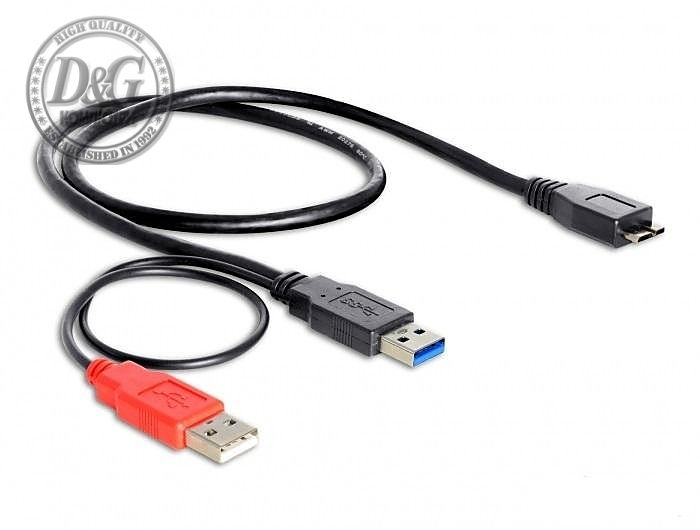 Кабел Delock Y-cable, USB-A мъжко - USB 3.0 Micro-B мъжко, (USB 3.0), USB-A(power), 5 GBit/s, Черен