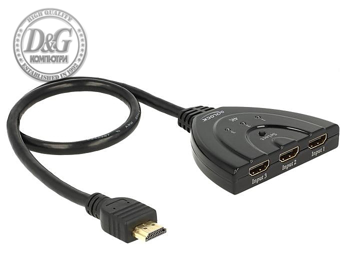 3 портов HDMI суич Delock 18600, 4K, 50 см. кабел, Черен