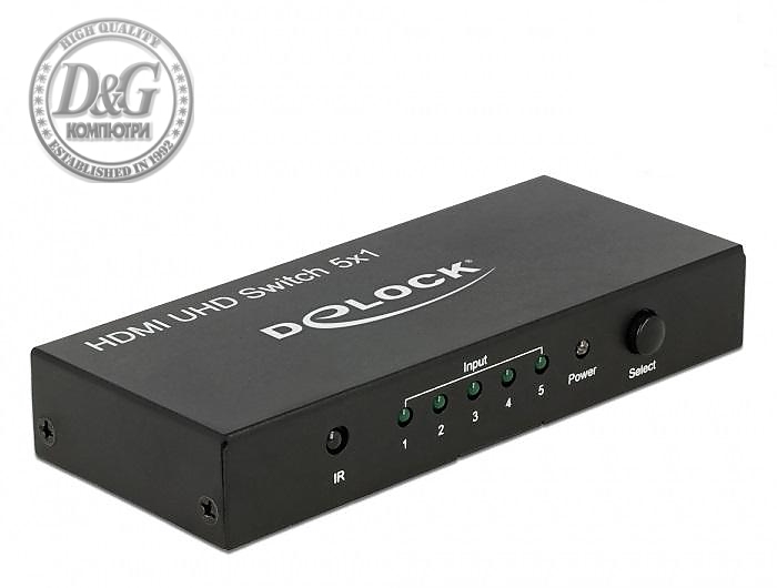 5 портов HDMI суич Delock  4K@60Hz, Дистанционно, Черен