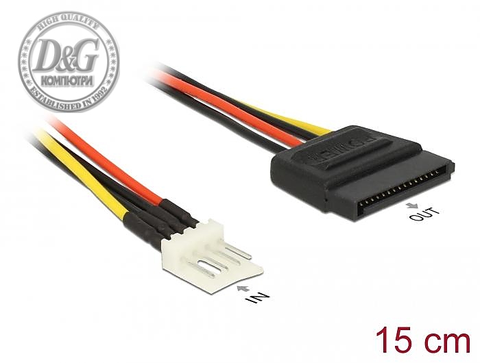 Кабел Delock Power Cable, SATA 15 pin receptacle - 4 pin floppy male, 15 см