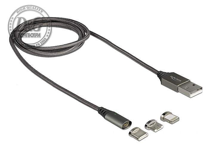 Кабел за зареждане Delock  3 в 1, USB-A мъжко - 8 Pin / Micro USB / USB Type-C, 1м, Черен