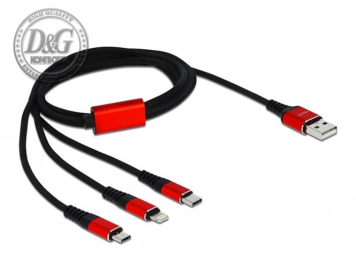 Кабел за зареждане Delock  3 в 1, USB - Lightning/ Micro USB/ USB-C, 1м, Черен/Червен