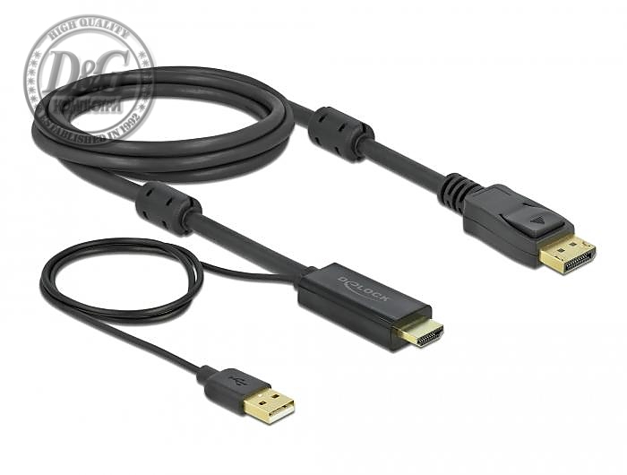 Кабел Delock HDMI мъжко - DisplayPort USB мъжко, 4K 30 Hz, 2 м, Черен