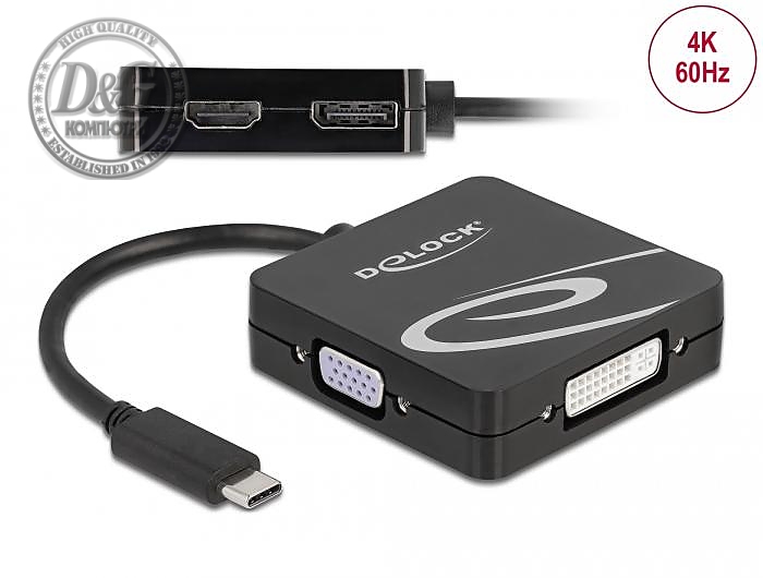 Адаптер 4 в 1 Delock 63129 USB-C мъжко - VGA DVI DisplayPort HDMI женско, Черен