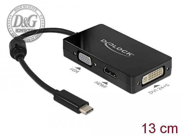 Адаптер 3 в 1 Delock 63925 USB-C мъжко - VGA DVI HDMI женско, Черен