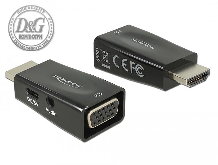 Адаптер Delock, HDMI мъжко - VGA + microUSB + Audio женско, Черен