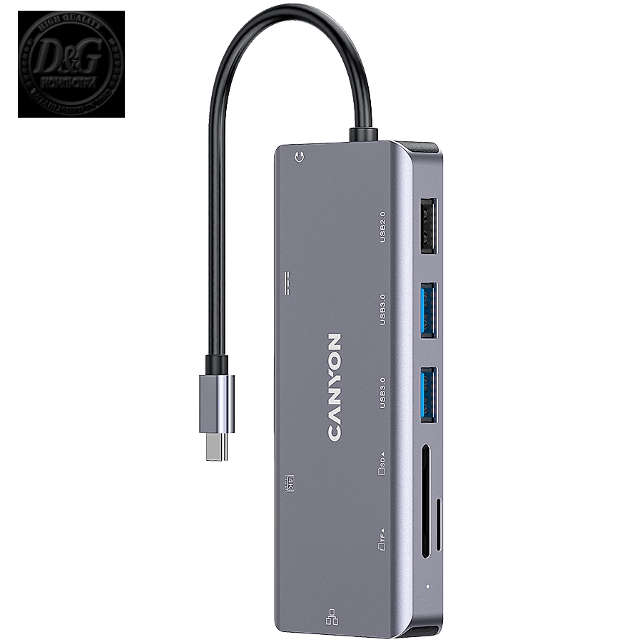 Canyon9 in 1 USB C hub, with 1*HDMI: 4K*30Hz,1*Gigabit Ethernet,, 1*Type-C PD charging port, Max 100W PD input. 2*USB3.0,transfer speed up to 5Gbps. 1*USB 2.0, 1*SD, 1*3.5mm audio jack, cable 18cm, Aluminum alloy housing115*46*15 mm, 88.5g, Dark grey