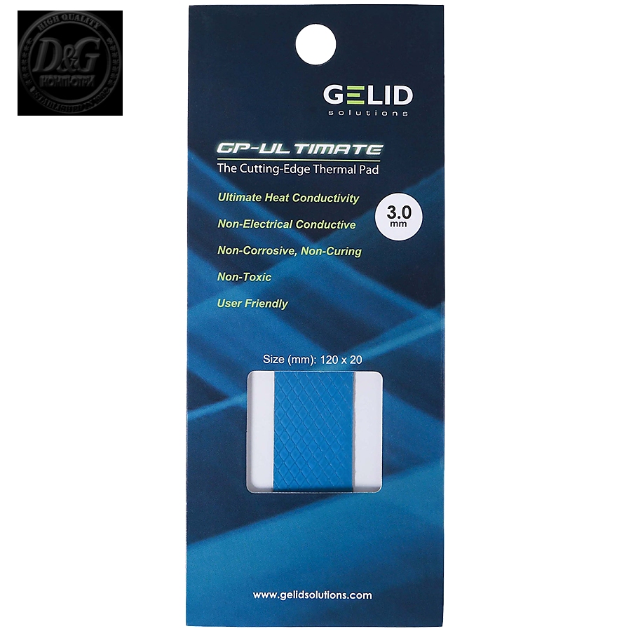 GELID GP-ULTIMATE 120Г—20 THERMAL PAD, Single Pack (1pc included): 3 mm, Density (g/cm3): 3.2, Size (mm): 120 x 20, Thermal Conductivity (W/mK): 15