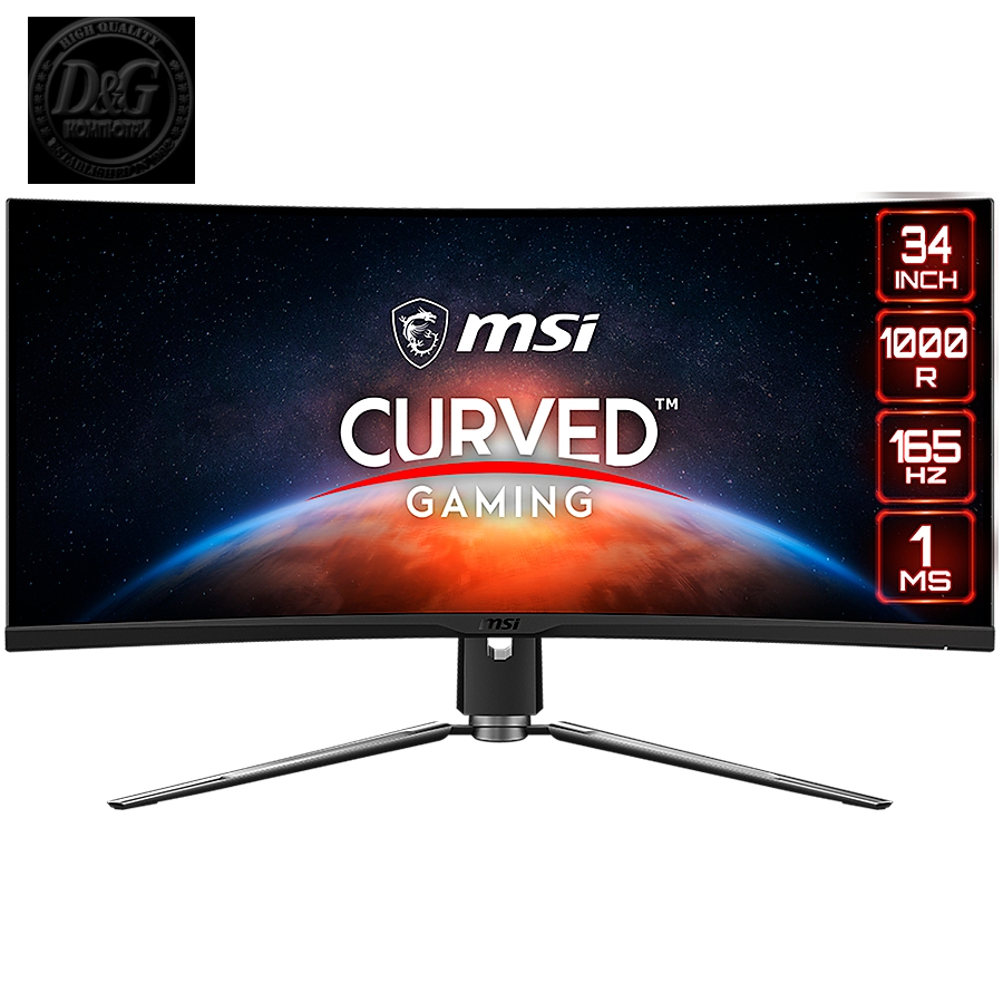 MSI MPG ARTYMIS 343CQR Curved Gaming Monitor, 34" 165Hz, UWQHD (3440 x 1440) 21:9, VA Anti-glare, 1ms, 400nits, 3000:1, 178°/178°, HDR, 1000R Curve, Freesync, 1x DP, 2x HDMI, 1x Type-C, 2x USB 3.2 Type A, 1x Earphone out, Adjustable Stand, 3Y