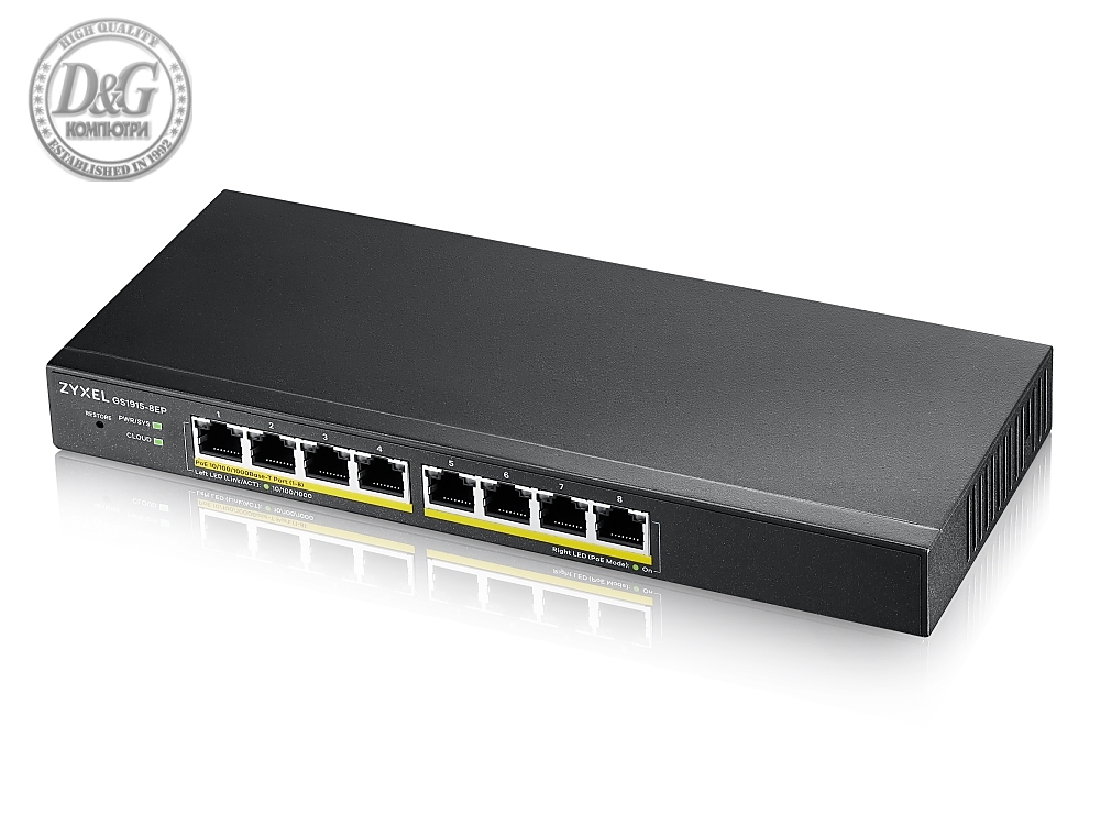 ZyXEL GS1915-8EP, 8-port GbE PoE Smart hybrid mode Switch, standalone or NebulaFlex Cloud, 60 Watt 802.3at, desktop, fanless