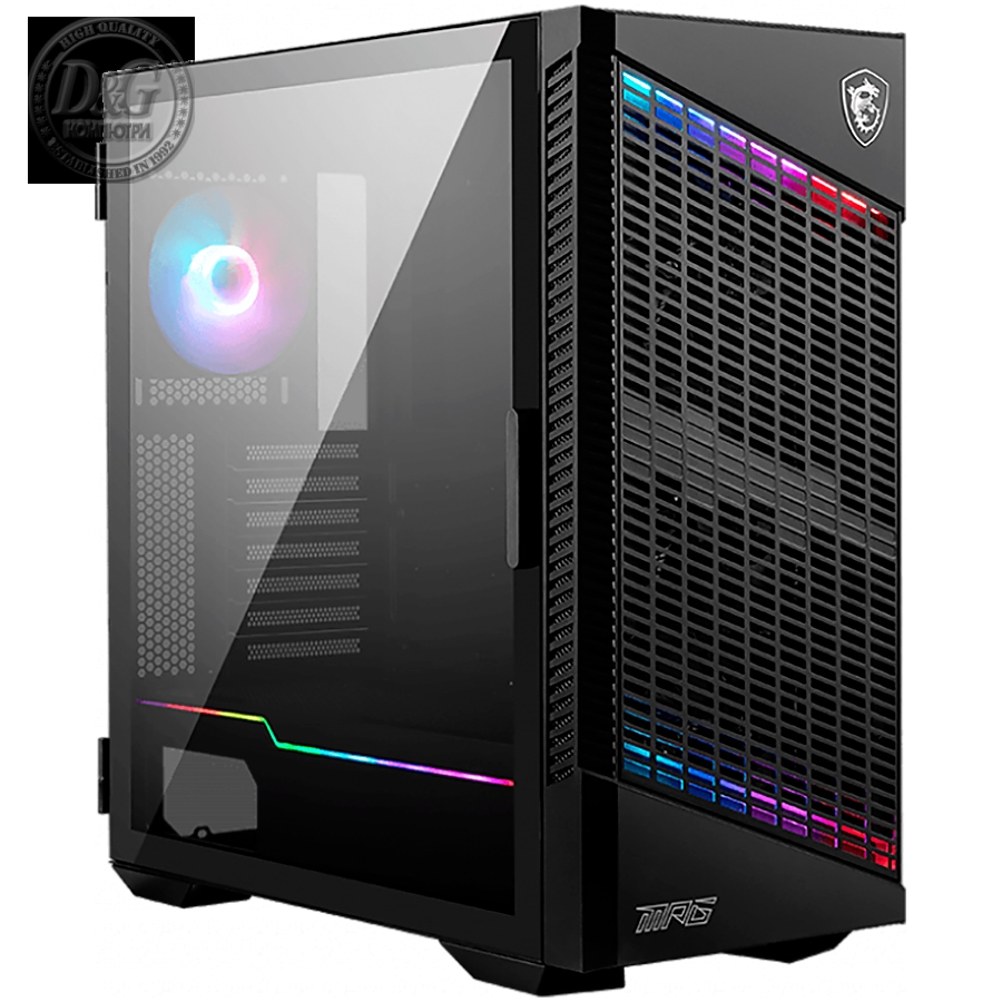 MSI MPG VELOX 100P AIRFLOW, Mid-Tower, ATX/Micro-ATX/Mini-ITX, 2x USB 3.2 Gen 1 Type-A, 1x USB 3.2 Gen 2x2 Type-C, 1x Audio/1x Mic, 4x 120mm Fans (1x ARGB), ARGB Hub, Mesh Front Panel, Vertical GPU Bracket (No Riser Cable Included), Tempered Glass