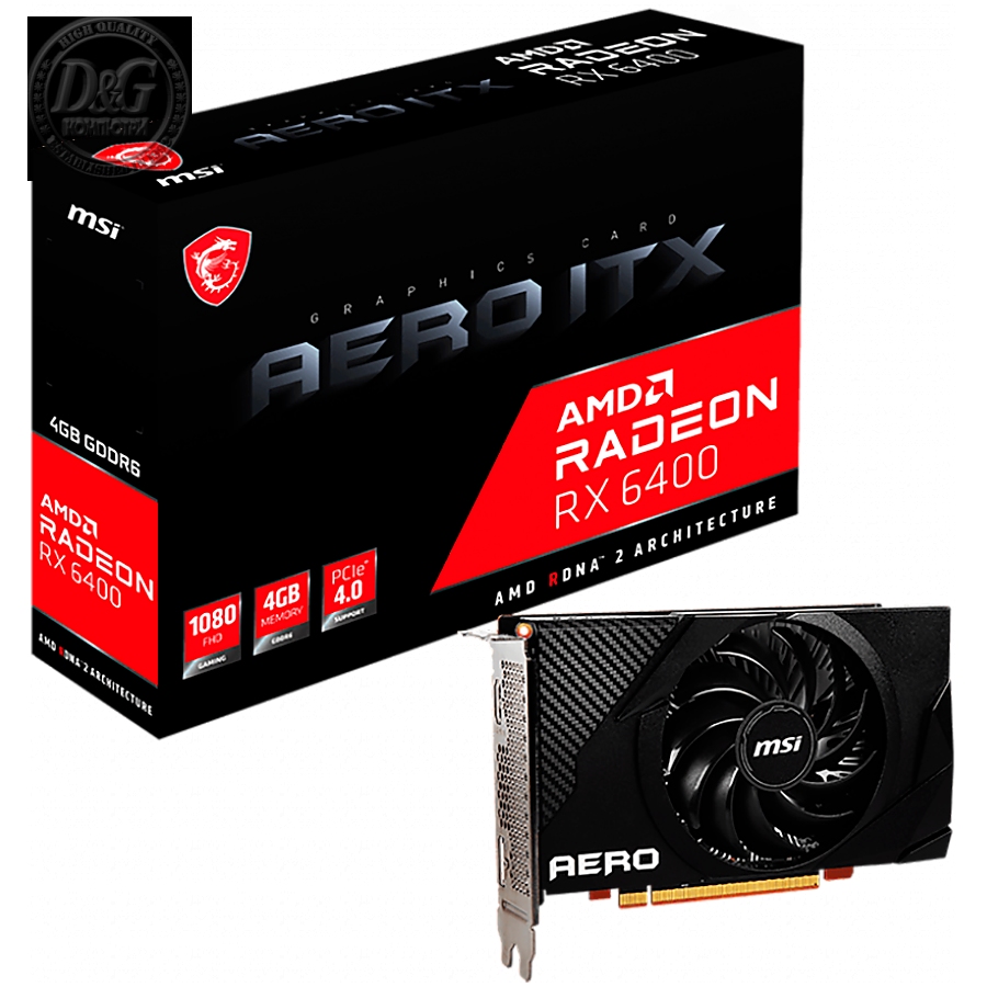 MSI Video Card AMD Radeon RX 6400 AERO ITX 4G, 4GB GDDR6, 64bit, 16000 MHz Effective Memory Clock, Boost: 2321 MHz, 768 Cores, 1x DP, 1x HDMI, 350W Recommended PSU, 3Y