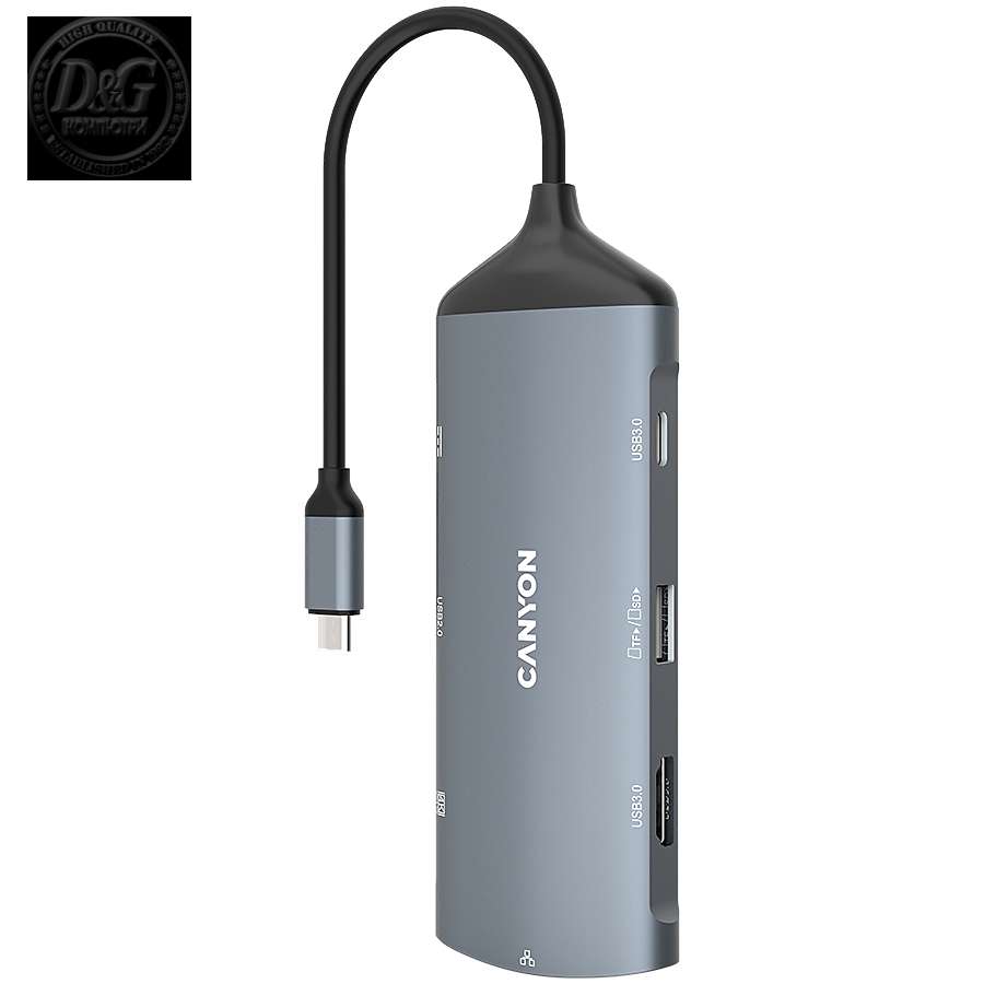 Canyon 8 in 1 hub, with 1*HDMI ,1*Gigabit Ethernet,1*USB C female:PD3.0 support max60W,1*USB C male :PD3.0 support max100W,2*USB3.1:support max 5Gbps ,1*USB2.0:support max 480Mbps, 1*SD, cable 15cm, Aluminum alloy housing,133.24*48.7*15.3mm,Dark grey