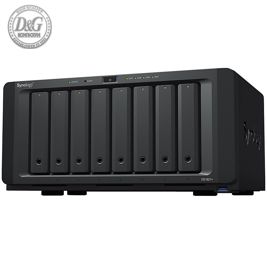 Synology DiskStation DS1821+, Tower, 8-Bay 3.5'' SATA HDD/SSD, 2 x M.2 2280 NVMe SSD, CPU AMD Ryzen Quad-core 2.2 GHz, 4 GB DDR4 ECC SODIMM, 4 x RJ-45 1GbE LAN, 4 x USB 3.2 Gen 1, 2 x eSATA (expandable to 15 with 2x DX517), 1 x PCIe Gen3 x8, 6kg,3y w