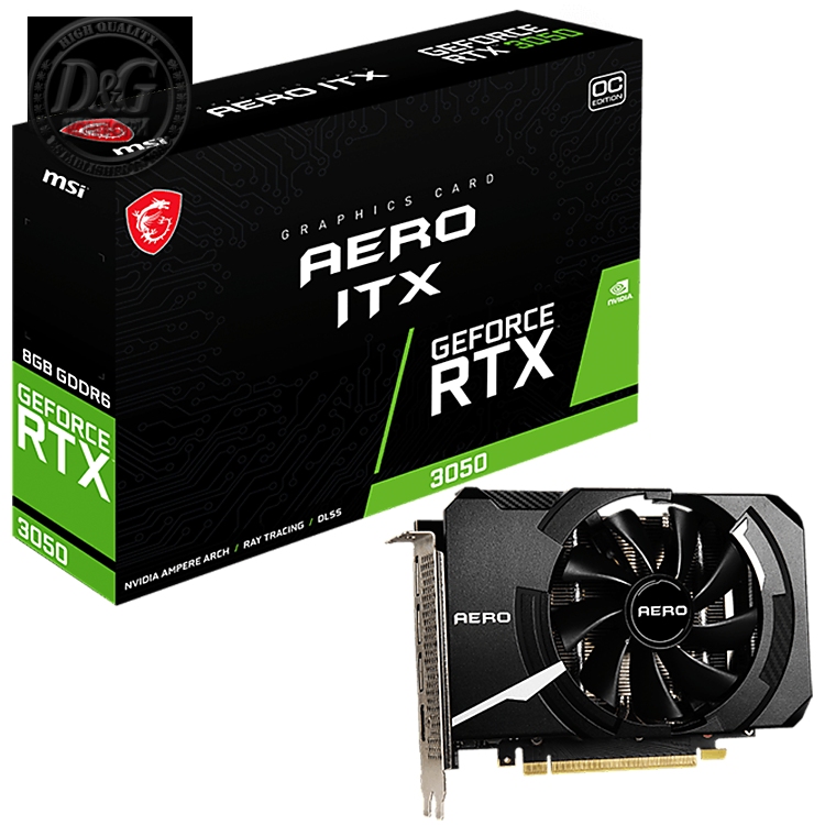 MSI GeForce RTX 3050 AERO ITX 8G OC, 8GB GDDR6, 128bit, Effective Memory Clock: 14000MHz, Boost: 1807MHz, 2560 CUDA Cores, PCI-E 4.0 x8, 3x DP, HDMI 2.1, RAY TRACING, 550W Recommended PSU, Backplate, 3Y