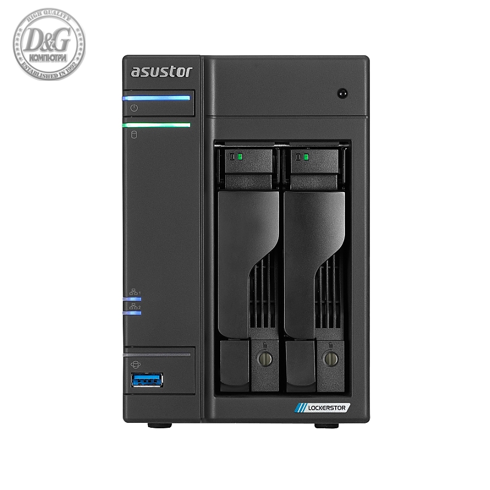 Asustor Lockerstor AS6702T, 2 Bay NAS, Intel Jasper Lake 4C 2.0 GHz, 4GB DDR4 SODIMM, M.2 NVMe x4 slots (Diskless), USB 3.2 Gen 2x2, Dual 2.5GbE Ports, WOW (Wake on WAN), AES-NI hardware encryption, MyArchive (support btrfs and snapshot), SSD Caching