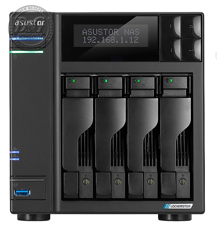 Asustor Lockerstor AS6704T, 4 Bay NAS, Intel Jasper Lake Quad-Core 2.0GHz, 4GB RAM DDR4, 2.5GbE x 2, M.2 SSD Slotsx4 (Diskless), USB 3.2 Gen 2x2, Toolless installation, with hot-swappable tray, hardware encryption, MyArchive, EZ connect, EZ Sync, Black