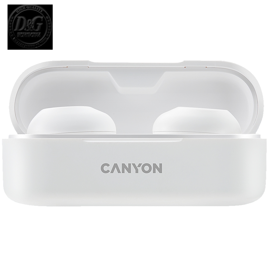 CANYON TWS-1 Bluetooth headset, with microphone, BT V5.0, Bluetrum AB5376A2, battery EarBud 45mAh*2+Charging Case 300mAh, cable length 0.3m, 66*28*24mm, 0.04kg, White