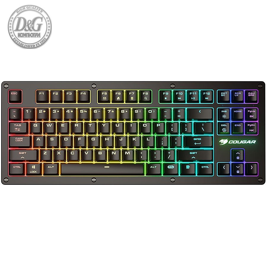 COUGAR PURI TKL RGB Red Switches Mechanical Gaming Keyboard,N-key rollover(USB mode support),Key Backlight White LED,1000Hz/1ms Polling rate,Steel/Plastic,Magnetic Protective Cover,1.8m Braided Cable Length,Detachable Cable,CM system