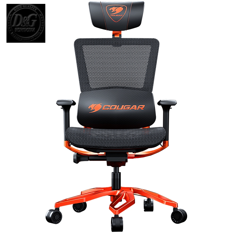 COUGAR Argo Orange, Premium Aluminum Frame, 5-star Aluminum Alloy base, Breathable PVC Leather, Trigger shift wire control system, Dynamic lumbar Support Design, Flexibly reclining backrest, Adjustable headrest, Sliding seat, 3D Adjustable Armrest