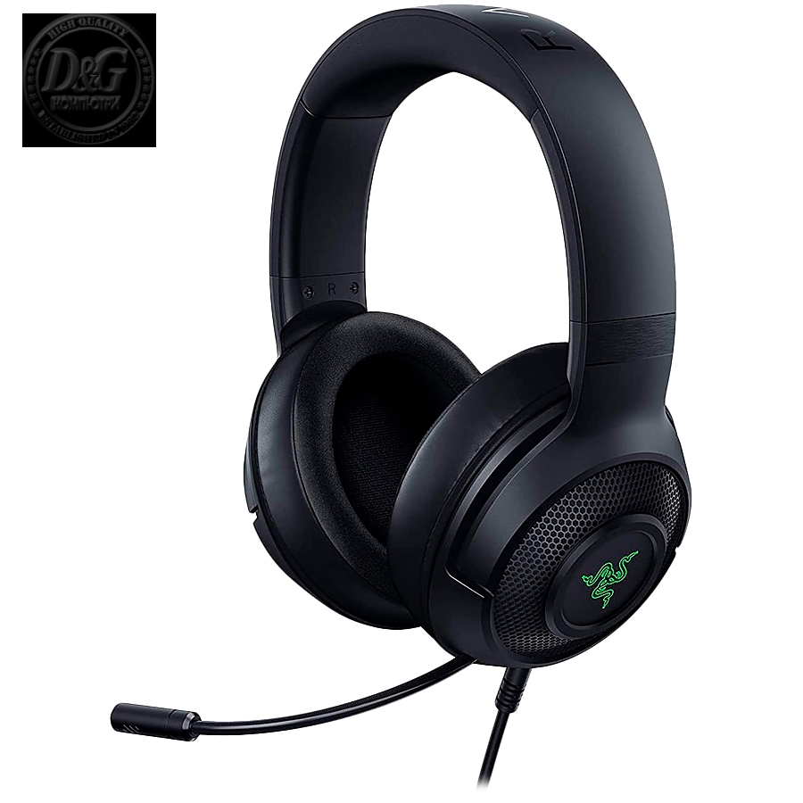 Razer Kraken V3 X, Gaming Headset, TriForce 40mm Drivers, Chroma RGB, HyperClear Cardioid Mic, Hybrid fabric and memory foam ear cushions,  Frequency Response 12 Hz – 28 kHz, Surround sound: Only available on Windows 10 64-bit