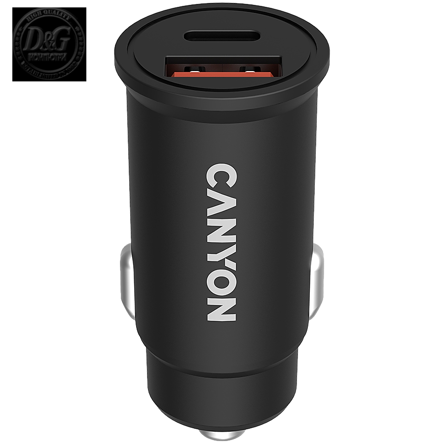 CANYON  PD 30W/QC3.0 18W Pocket size car charger with 1-USB A+ 1-USB-C Input: DC12V-24V, Output: USBC: PD30W( 5V3A/9V3A/12V2.5A/15V2A/20V1.5A),USB-A:QC3.0 18W (5V3A