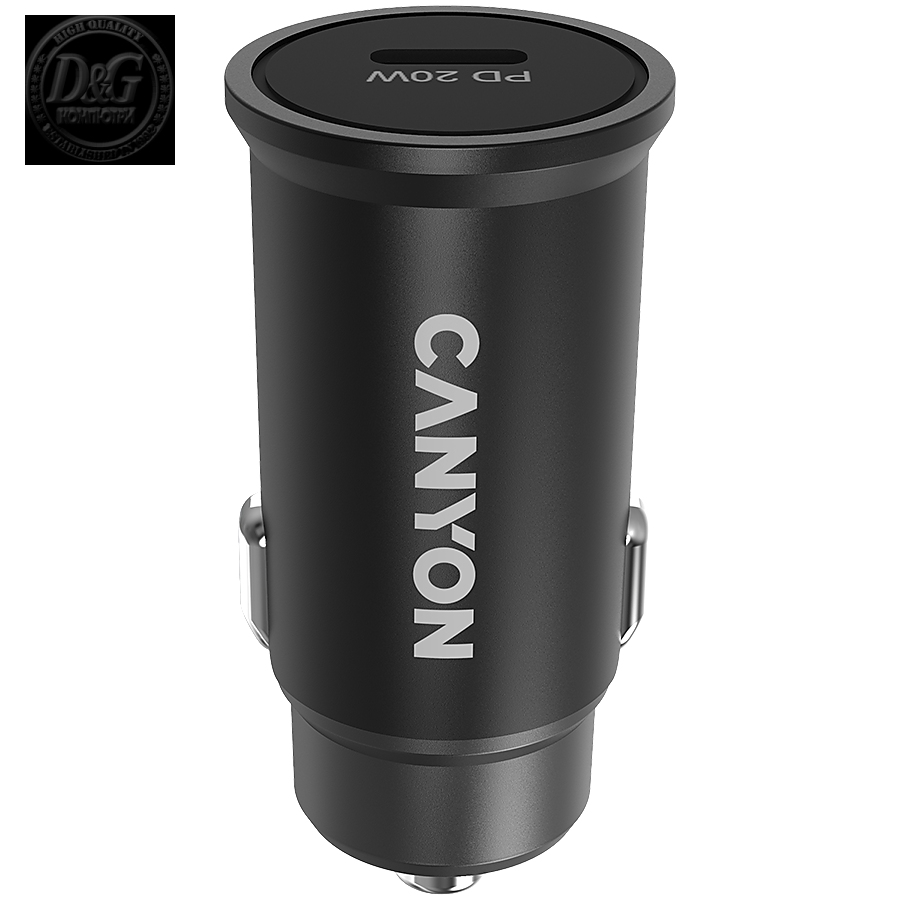 Canyon, PD 20W Pocket size car charger, input: DC12V-24V, output: PD20W, support iPhone12 PD fast charging, Compliant with CE RoHs , Size: 50.6*23.4*23.4, 18g, Black