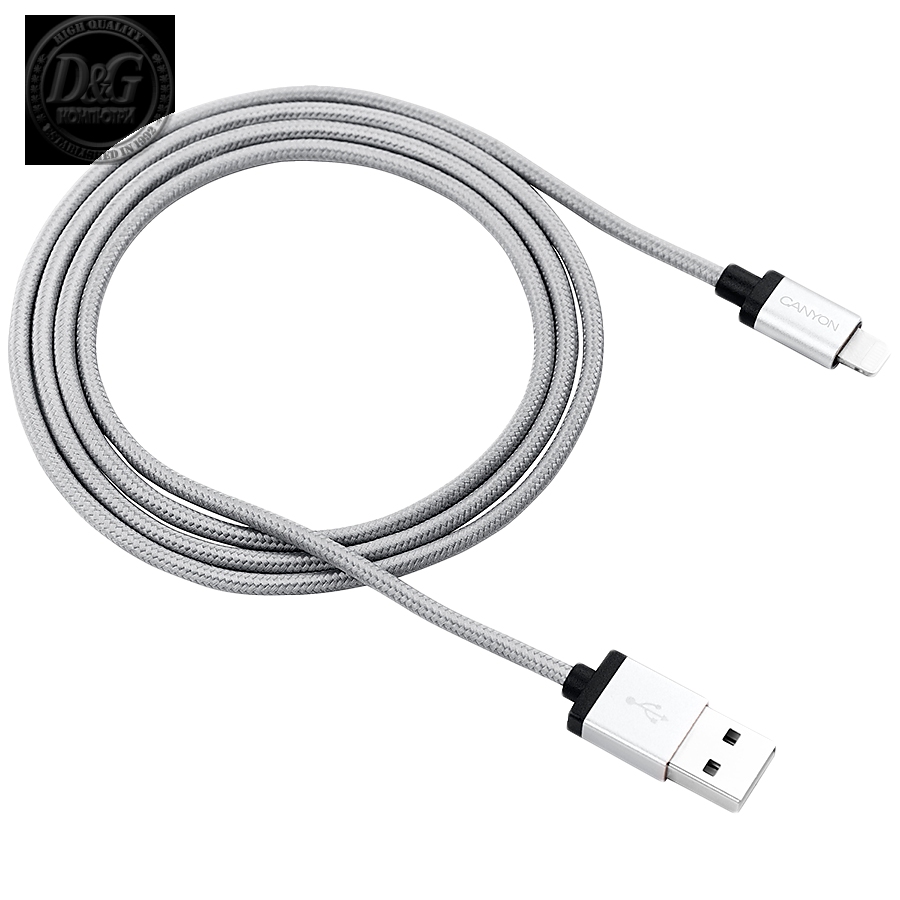 CANYON Charge & Sync MFI braided cable with metalic shell, USB to lightning, certified by Apple, 1m, 0.28mm, Dark gray