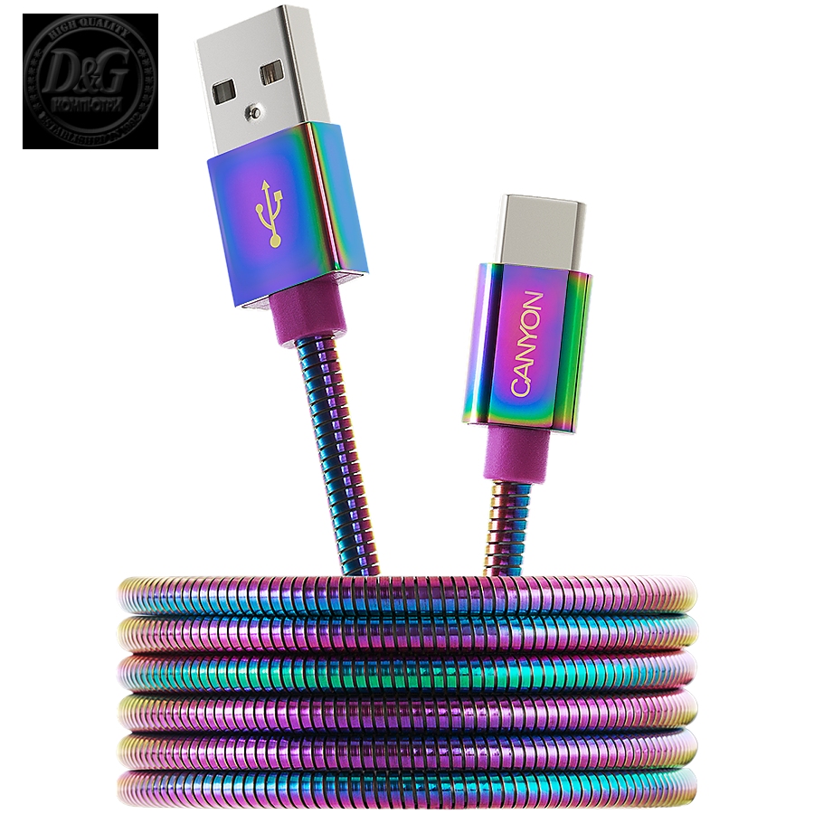 CANYON UC-7 Type C USB 2.0 standard cable, Power output 5V/9V 2A, OD 3.8mm, metal shell, cable length 1.2m, Rainbow, 14*6*1000mm, 0.04kg