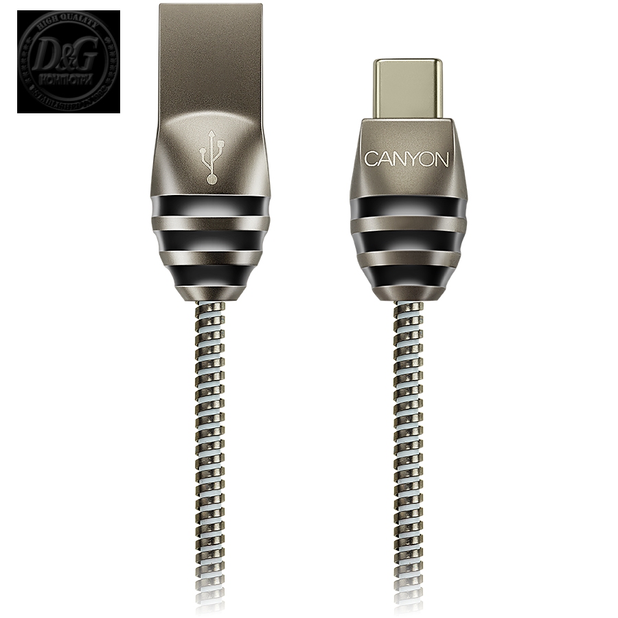 CANYON UC-5 Type C USB 2.0 standard cable, Power & Data output, 5V 2A, OD 3.5mm, metallic Jacket, 1m, gun color, 0.04kg