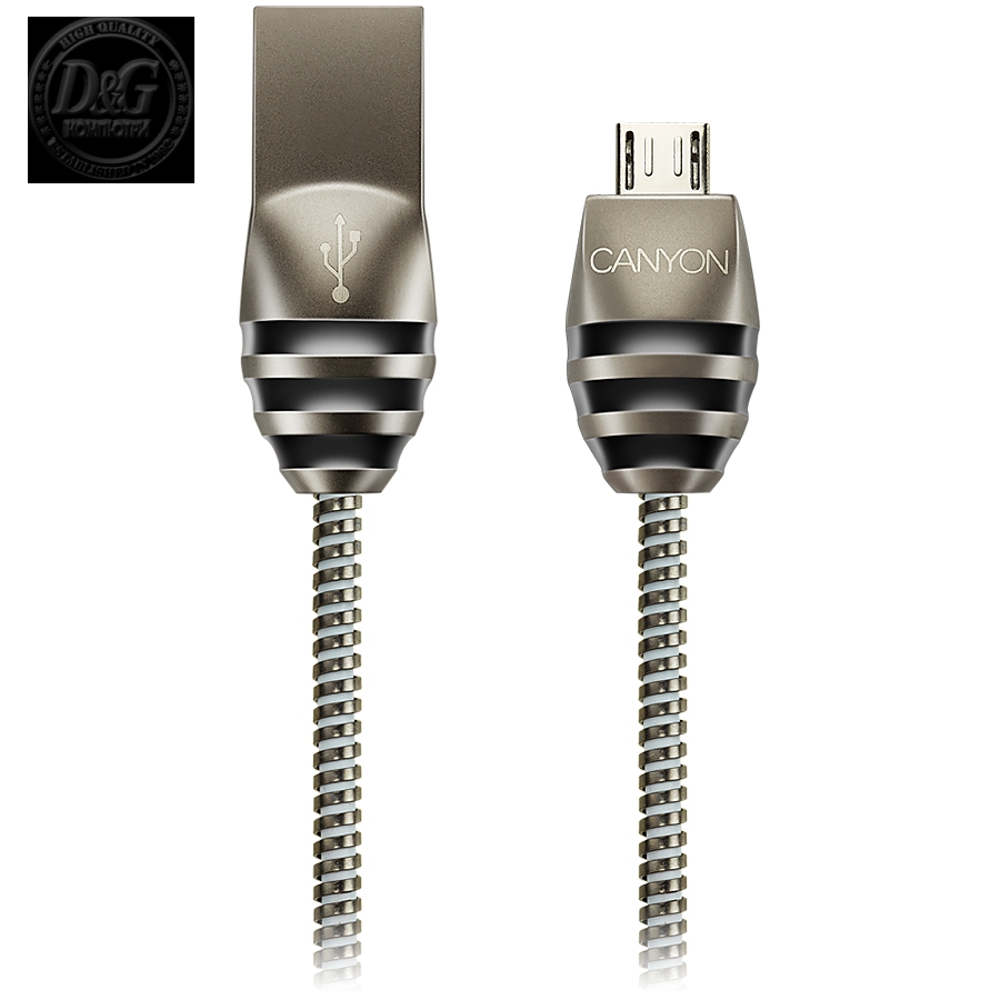 CANYON UM-5 Micro USB 2.0 standard cable, Power & Data output, 5V 2A, OD 3.5mm, metallic Jacket, 1m, gun color, 0.04kg