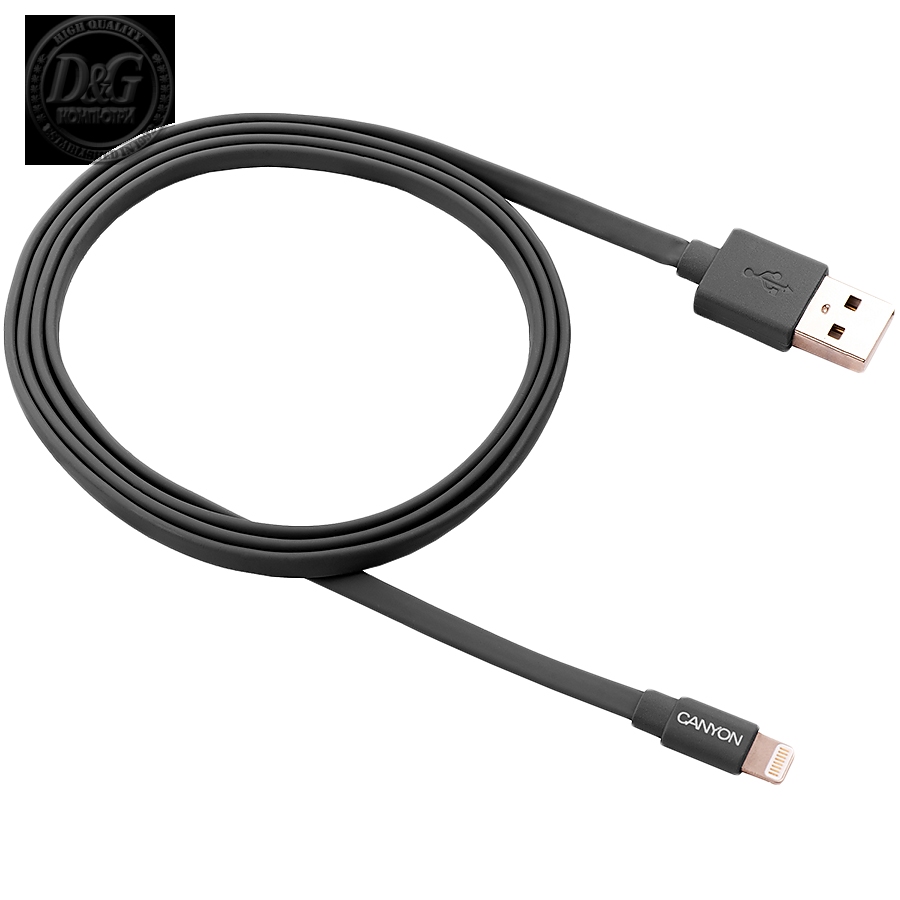 CANYON Charge & Sync MFI flat cable, USB to lightning, certified by Apple, 1m, 0.28mm, Dark gray