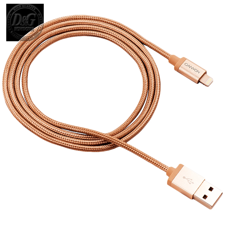 CANYON Charge & Sync MFI braided cable with metalic shell, USB to lightning, certified by Apple, 1m, 0.28mm, Golden