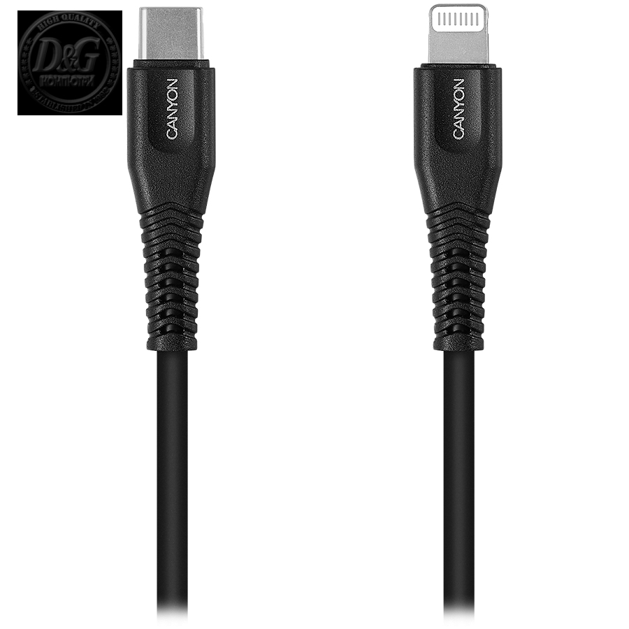 CANYON MFI-4 Type C Cable To MFI Lightning for Apple, PVC Mouling,Functionпјљwith full feature( data transmission and PD charging) Output:5V/2.4A , OD:3.5mm, cable length 1.2m, 0.026kg,Color:Black