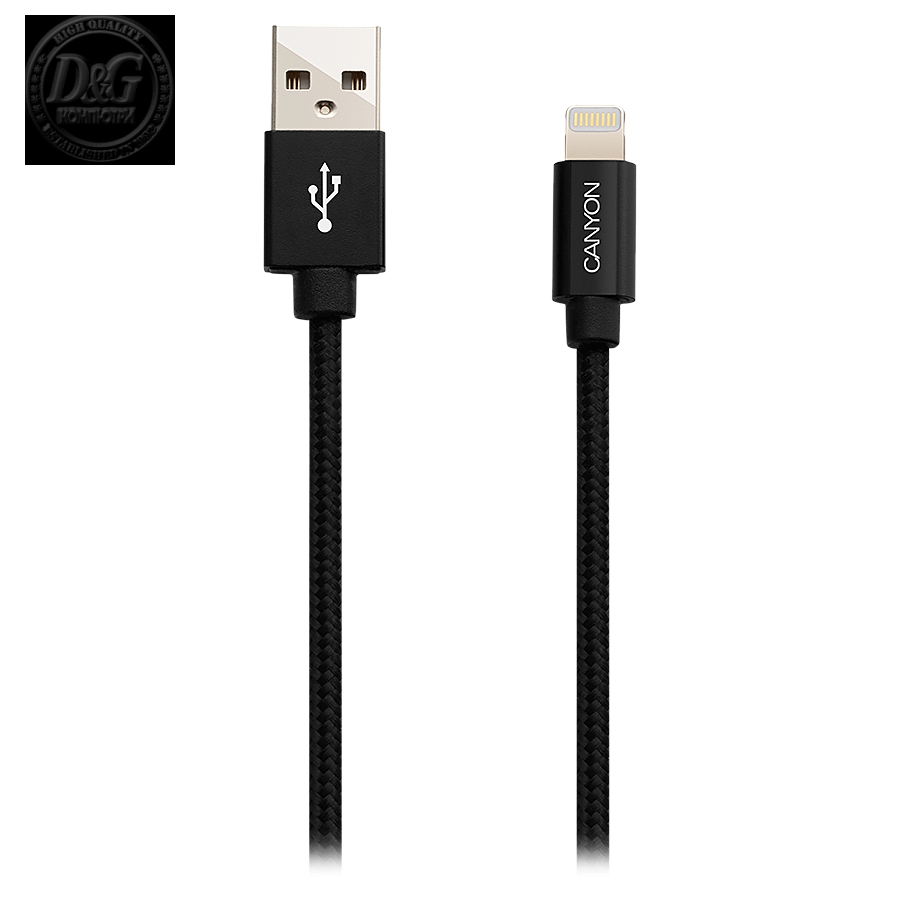 CANYON MFI-3 Charge & Sync MFI braided cable with metalic shell, USB to lightning, certified by Apple, cable length 1m, OD2.8mm, Black