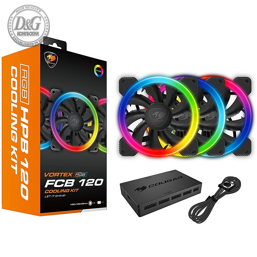 COUGAR VORTEX RGB FCB 120 Cooling Kit, Hydraulic-Bearing, 1200 R.P.M, Air Flow:36.72 CFM 62.36 m3/h, Air Pressure: 0.78mm H2O, MB RGB Synchronization