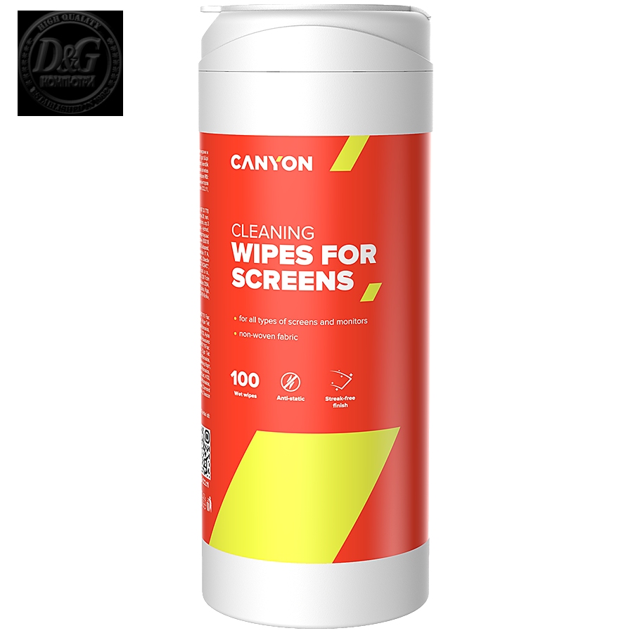 CANYON Screen Cleaning Wipes, Wet cleaning wipes made of non-woven fabric, with antistatic and disinfectant effects, 100 wipes, 80x80x185mm, 0.258kg