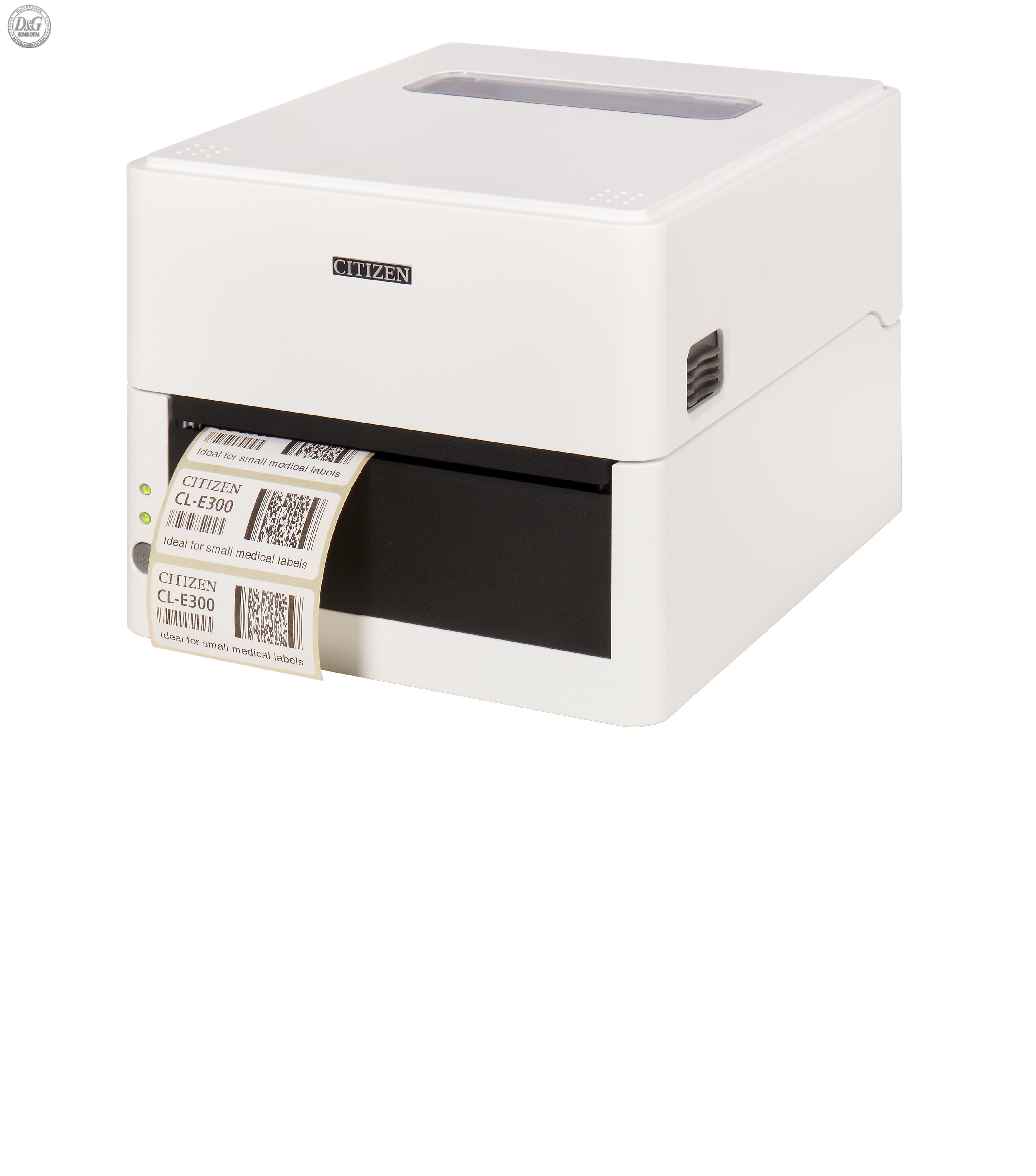 Citizen Label Desktop printer CL-E300 Direct thermal Print Speed 200mm/s, Print Width(max.) 4"(104 mm)/ Media Width (min-max) 1"- 5"(25.4-118.1 mm)/ Roll Size(max) 5"(125 mm), Core Size 1" (25mm), Resol.203dpi/ Interface USB/RS-232/LAN EN Plug(EU) White