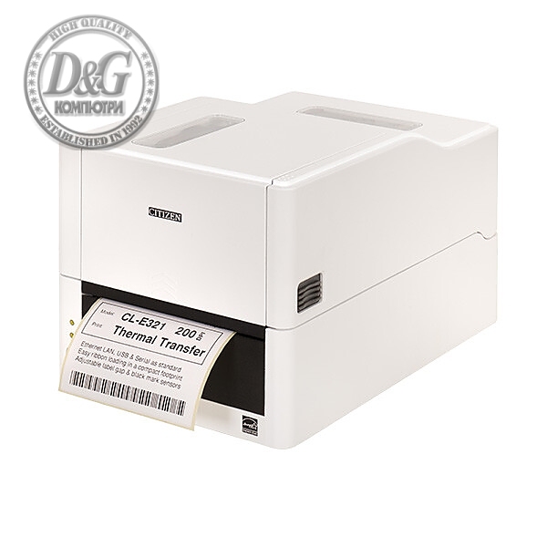 Citizen Label Desktop printer CL-E321 Thermal Transfer+Direct Print Speed 200mm/s, Print Width(max.)4"(104mm)/Media Width(min-max) 1"- 5"(25.4-118.1 mm)/Roll Size(max)5"(125 mm), Core Size 1"(25mm),Resol.203dpi/Interface USB/RS-232/LAN EN Plug(EU) White