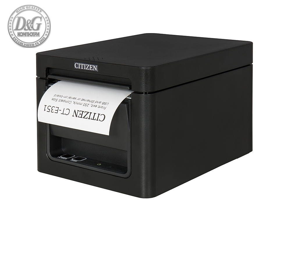 Citizen POS printer CT-E351 Direct thermal Print Speed 250mm/s, Print Widht 72mm(58/80mm)/ Media Width (min-max) 59/80mm/Roll Size(max)83mm/Emul.Lang.ESC/POS/Reliability 200mln.pulses/150 Km/2 mln.cuts/Resol.203dpi/ Interface USB/RS-232/EN Plug(EU) Black