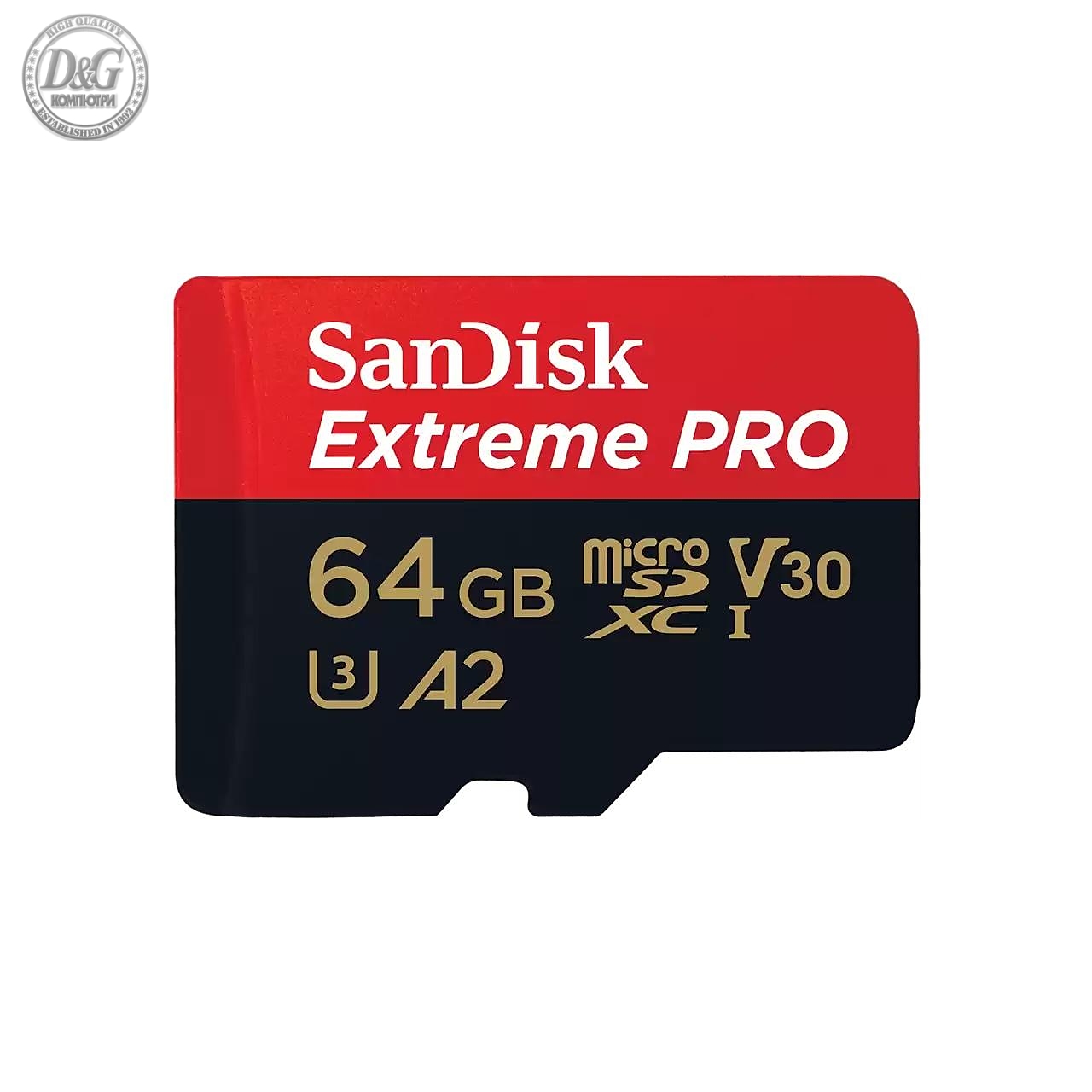 Карта памет SANDISK Extreme PRO microSDXC, 64GB, Class 10 U3, A2, V30, 90 MB/s с адаптер до SD