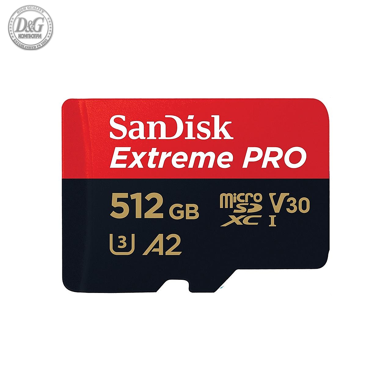 Карта памет SANDISK Extreme PRO microSDXC, 512GB, Class 10 U3, A2, V30, 140 MB/s с адаптер до SD